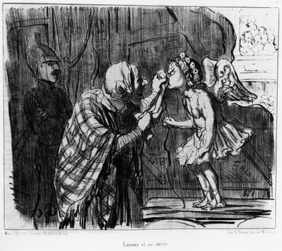 演劇スケッチ：愛と母。オノレ・ドーミエ（1808-1879）が描いたイラストで、1853年12月19日付の「シャリヴァリ」のニュースに掲載されています。 作： Honoré Daumier