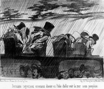 ドーミエが描いた「雨の中の旅人たち」（1852年8月28日付「シャリヴァリ」紙）。 作： Honoré Daumier