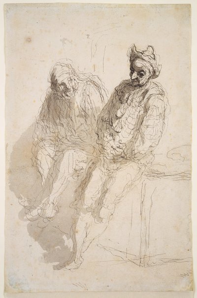 2つのサルティンバンク 1865-73年頃 （紙に墨、灰色ウォッシュ） 作： Honoré Daumier