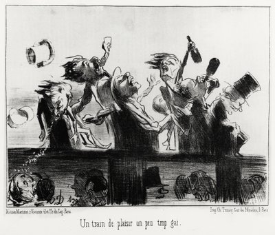 Un train de plaisir un peu trop gai, シリーズ「Les chemins de fer」より、オノレ・ドーミエ（1808-1879）のイラスト、1852年8月20日付「Charivari」に掲載。 作： Honoré Daumier