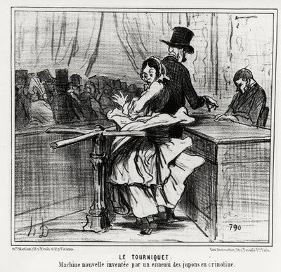 万国博覧会：改札口：クリノリン・ペチコートの敵が発明した新しい機械。1855年6月26日付のニュース「シャリヴァリ」に掲載されたオノレ・ドーミエ（1808-1879）のイラスト。 作： Honoré Daumier