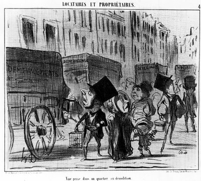 オノレ・ドーミエ（1808-1879）の漫画シリーズ "Tenants et Proprietaires "から引用した、取り壊しの進む地域での風景。"Charivari" 作： Honoré Daumier