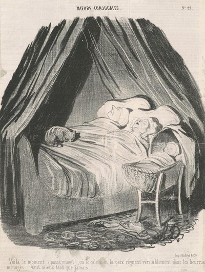 これは、穏やかで平和が幸せなカップルに本当に君臨する時（真夜中過ぎ）です。 遅いよりはましです。 作： Honoré Daumier