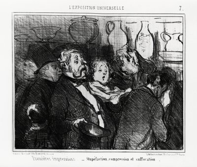 世界博覧会：第一印象：茫然自失、圧迫感、窒息。1855年5月24日付のニュース「シャリヴァリ」に掲載されたオノレ・ドーミエ（1808-1879）のイラスト。 作： Honoré Daumier