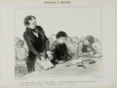 「ギリシャ語の辞書を静かに読む代わりに、デ・コックの小説にふけっていた......。なんてことだ......この結末はいったい......！」（『Professeurs Et Moutards』より）。 作： Honoré Victorin Daumier