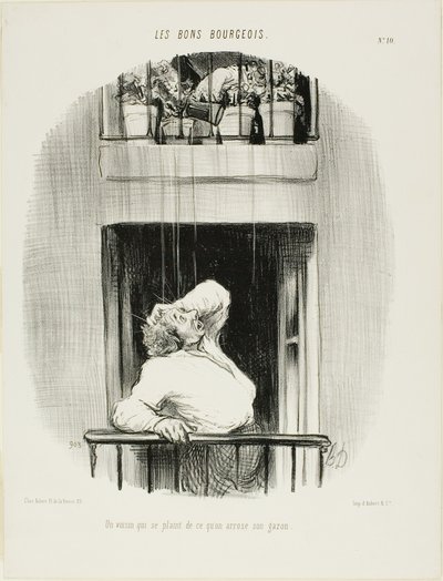 芝生への水やりについて苦情を言う隣人（『レ・ボン・ブルジョワ』より10枚目 作： Honoré Victorin Daumier
