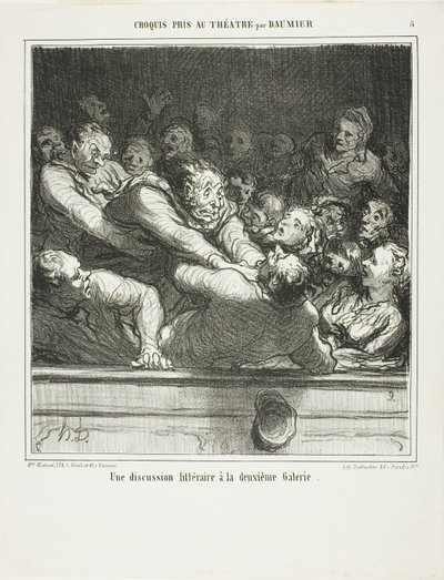 ドーミエの「劇場に描かれたクロッキー」より3枚目、2段目の文学的議論 作： Honoré Victorin Daumier