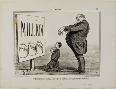 息子をパリジャンの新しい神に捧げるプリュドム氏（『Actualités』366ページより 作： Honoré Victorin Daumier