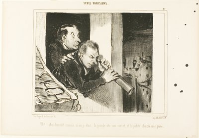 「背の高い人はコルセットを開け、小さな人はノミを探している。 作： Honoré Victorin Daumier