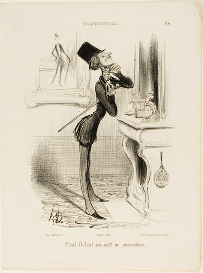 「ああ、爆発だ！私は結び目ができないようだ！」コケットテリーのプレート4 作： Honoré Victorin Daumier
