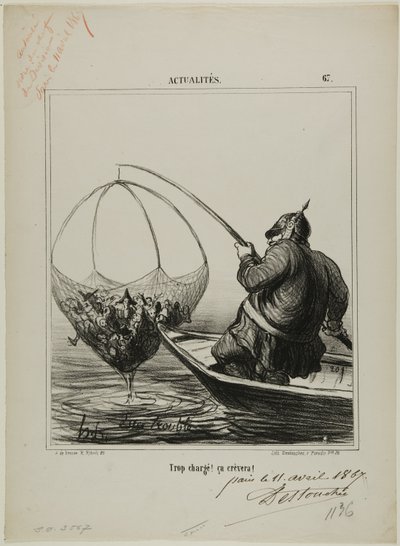 "過負荷！破裂しそうだ！」（『Actualités』67ページより 作： Honoré Victorin Daumier