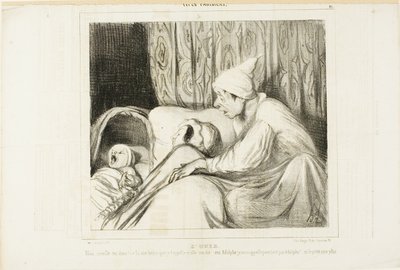 聴覚。「ニニを起こしてくれ。1時間以上も呼んでいるのに、彼女はいつも「はい、アドルフ」と答える。しかし、子供の名前も私の名前もアドルフではないのだ！」『タイプ・パリジャン』より41枚目 作： Honoré Victorin Daumier