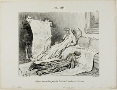 購読者は紙面に対処するのに苦労している（115版『Actualités』より 作： Honoré Victorin Daumier