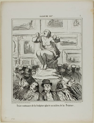 絵画展の真ん中に置かれた彫刻の不愉快さ、サロン・ド・1857より、プレート5 作： Honoré Victorin Daumier