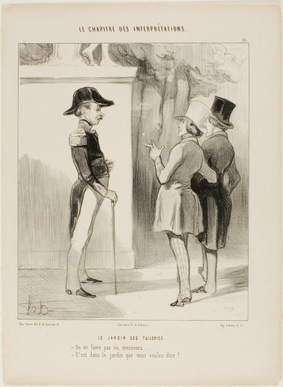チュイルリー公園「ここは禁煙です- ここは禁煙です！庭でということですか？ 作： Honoré Victorin Daumier