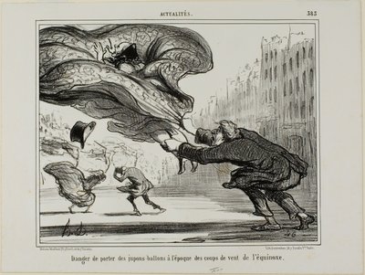突然の春の嵐の中でフープスカートを履くことの危険性（『La Crinolomanie』より第26版 作： Honoré Victorin Daumier
