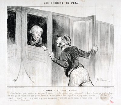 オノレ・ドーミエ（1808-1879）の作品。Charivariは1843年の作品。Serie LES RAILWAYS 旅先での居眠りの危険性「-お客様、目を覚まして車から降りてください。- どこを走っているんだ？- でも、ルーアンのパーブル!- ルーアンで、ポワスに行きたかっただけの私が 作： Honoré Daumier