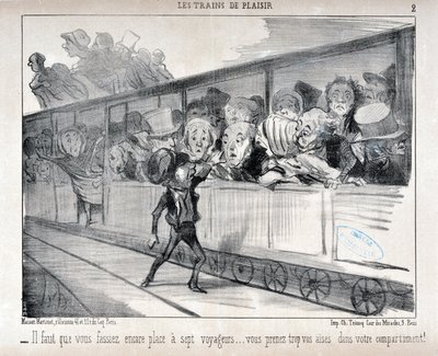 オノレ・ドーミエ（1808-1879）の作品。Charivariは1852年のもの。Serie LES TRAINS DE PLEASURE - 7人の乗客のために部屋を作らなければなりません...あなたは自分のコンパートメントで快適すぎます!マルセイユのロンシャン宮殿にある美術博物館 作： Honoré Daumier