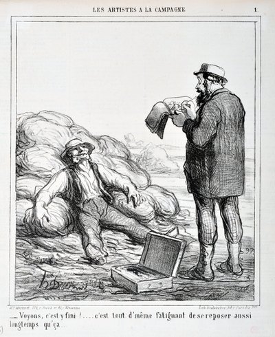 オノレ・ドーミエ（1808-1879）の作品。Charivariは1865年の作品。Serie LES ARTISTS IN THE CAMPAGNE 「-えーと、終わったかな？このまま休んでいても疲れるだけだ..."マルセイユ、ロンシャン宮殿の美術館 作： Honoré Daumier