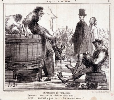 裸足のブドウを踏みつぶす収穫人の漫画（"秋のスケッチ "シリーズより 作： Honoré Daumier