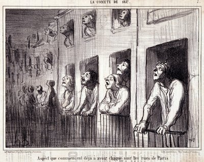 科学に関する漫画。セリーシュール「la Comete de 1857」。"すでに毎晩パリの街を持つようになったアスペクト」。Honore DAUMIER（1808-1879）の版画。新聞 "Le Charivari "からの抜粋。ディム38x25cm。Inv D - box 7 Marseille, 作： Honoré Daumier