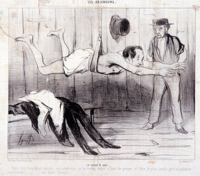 休暇中の観光客を描いた漫画。シリーズ「Les Baigneurs」。"La lecon a dry".シリーズ "Les Baigneurs":"La lecon a dry".Honore DAUMIER（1808-1879）による版画。新聞 "Le Charivari "からの抜粋。ディム25x36cm ボックス12 マルセイユ、ミュゼ 作： Honoré Daumier