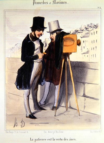 ダゲロタイプ写真の撮影時間の長さを揶揄する漫画 1840年頃（カラーリトグラフ） 作： Honoré Daumier