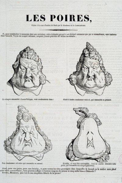洋梨。ルイ・フィリップの顔が梨で変容する様子を表現した風刺画。シャルル・フィリポン（1806-1862）の「風刺画」の原画をもとにオノレ・ドーミエ（1808-1879）が描いたもので、1832年1月、パリ、カルナヴァレ美術館蔵 作： Honoré Daumier