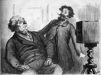 写真家と写真。オノレ・ドーミエ（1808-1879）の漫画。1862年3月29日付「Le Monde Illustré」n¡259に掲載されたエングレーヴィング。 作： Honoré Daumier