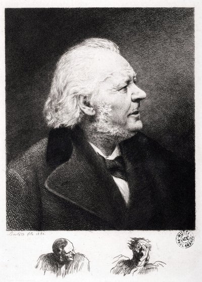 フランスの彫刻家・画家・彫刻家であるオノレ・ドーミエ（1808-1879）の肖像。ソン・ブーラードのエングレーヴィング 作： Honoré Daumier