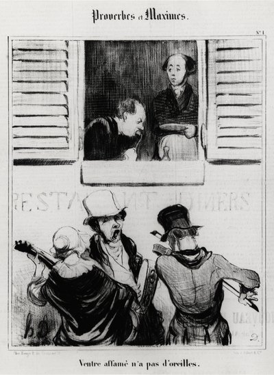 箴言と極意：空腹の腹には耳がない。オノレ・ドーミエ（1808-1879）によるイラスト。19世紀の風刺画、パリのカルナヴァレ美術館蔵。 作： Honoré Daumier