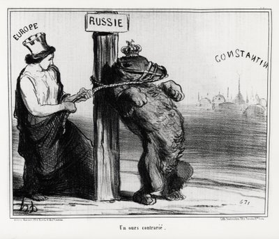 ロシア：（ヨーロッパに）動揺させられた熊。1854年3月、フランスとイギリスはトルコと同盟を結び、ロシアに対抗した オノレ・ドーミエ（1808-1879）のイラスト（ニュース "Charivari "に掲載）。 作： Honoré Daumier