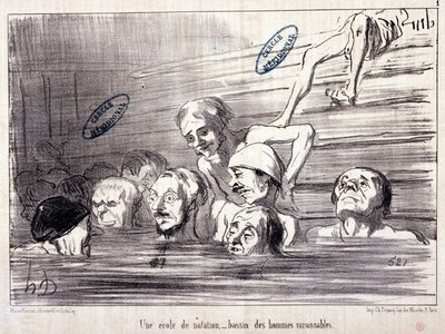シリーズ「Les Bains de Mer」。"水辺のスケッチ。水泳学校、合理的な男性のプール。"オノレ・ドーミエ（1808-1879）によるエングレーヴィング。新聞 "Le Charivari "からの抜粋 作： Honoré Daumier