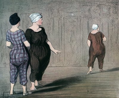 シリーズ「"Les batheuses"」 水着を着た 2 人の女性が別の女性のカットを調べる、オノレ ドーミエ (1808-1879) による風刺画 1844 年 (水浴者: 水着を着た 2 人の女性が別の女性のウエストを上下に見ます) 私的 コレクション 作： Honoré Daumier