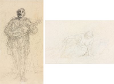 歌うギタリスト (レクト); 彼女の腕に寄りかかって横になっている女性 (裏面) 作： Honoré Daumier