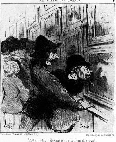 展覧会の観客。ライバルの絵を吟味する芸術家たち。オノレ・ドーミエ（1808-1879）の漫画シリーズ「絵画とサロン」からの引用。"シャリヴァリ" 作： Honoré Daumier