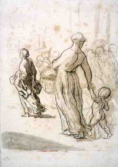 二人の女性と一人の子供、1848-50年頃（チョーク、木炭、グワッシュ、アンティーク・レイド・ペーパー） 作： Honoré Daumier