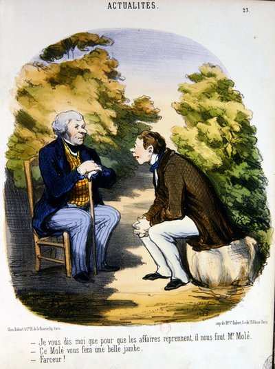 政治とモーレ伯爵の有用性について議論する二人の男（カラーリトグラフ） 作： Honoré Daumier