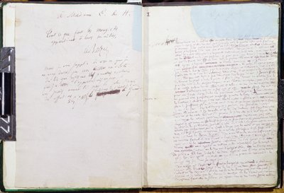 Le Pere Goriot」の最初のページとマダム・ハンスカへの献辞（紙にペンとインク） 作： Honore de Balzac