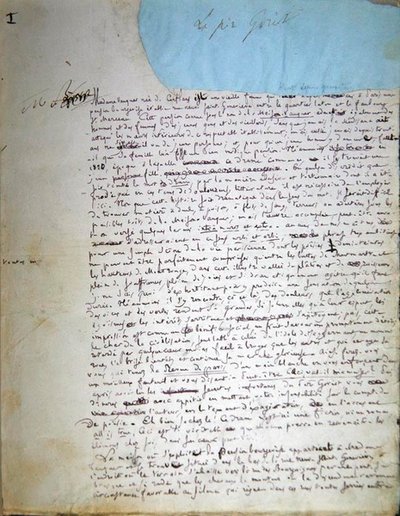 Le Pere Goriot」の原稿の1ページ目（紙にペンとインク 作： Honore de Balzac