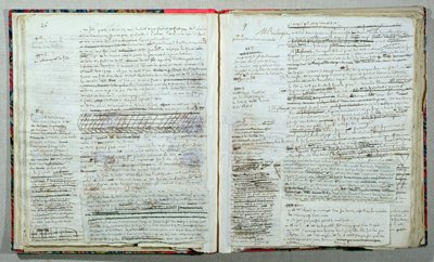 1825年に匿名で出版された「Wann-Chlore」の原稿の26ページと27ページ（紙にペンとインク）。 作： Honore de Balzac