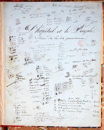 病院と人々」のタイトルページ（紙にペンとインク 作： Honore de Balzac