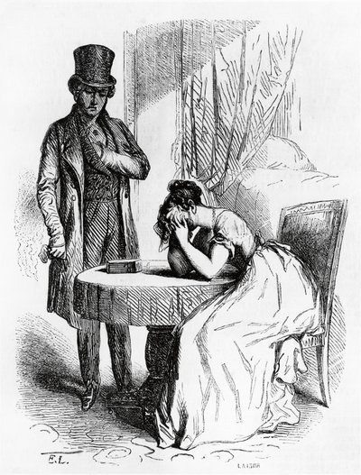 男性の視線の下で絶望する女性、オノレ・ド・バルザック（1799-1850）による「フェラガス」のイラスト、フランス語版 作： Honore de Balzac