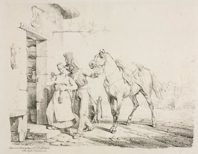 しもべを抱きしめる騎兵。 作： Emile Jean Horace Vernet