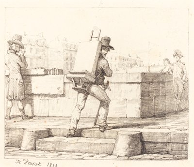 石版画の石でイーゼルを運ぶアーティスト 作： Emile Jean Horace Vernet