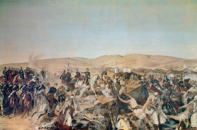 アルジェリアのコンケーテ（1830年～1847年）。"TaguinのAumale公爵によるAbd el Kader (Abd-el-Kader or ibn Muhyi al-Din al-Hasani) (1807-1883)のSmalah (Smala)の捕獲 作： Emile Jean Horace Vernet