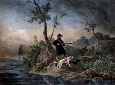 沼地での鴨狩り、ホレス ベルネ (1789-1863) の絵画に基づく彫刻 作： Emile Jean Horace Vernet
