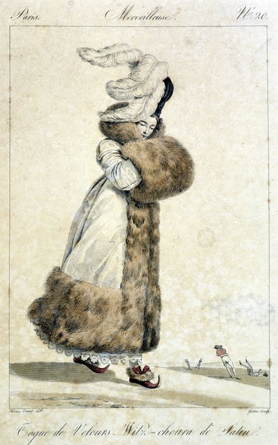 コートを着て、羽のついたベルベットの帽子をかぶったエレガントな女性。ホレス・ヴェルネ（1789-1863）が1810年頃に20号で描いた女性ファッションイラスト「ワンダフル」。 作： Emile Jean Horace Vernet