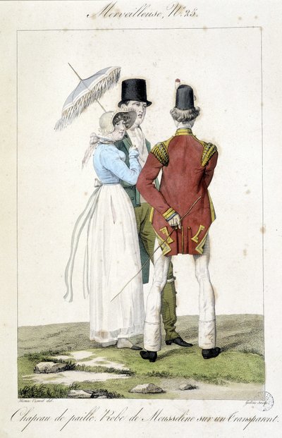 1810年頃、Horace vernet（1789-1863）が「Marvelous」の25番のために制作したファッション・エングレーヴィングで、女性的なファッション（麦わら帽子とシフォンのドレス）と男性的なファッションを表現しています。 作： Emile Jean Horace Vernet