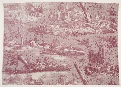 ハンティングシーンデザインの銅版画綿の断片、c。 1815年。 作： Emile Jean Horace Vernet